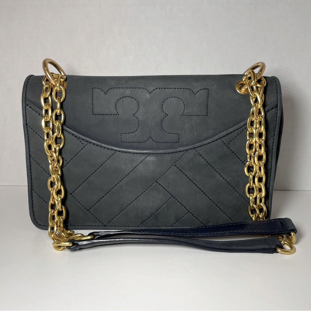 Tory Burch Alexa Quilted‎ suede Tote in navy Shoulder Bag Purse Handbag